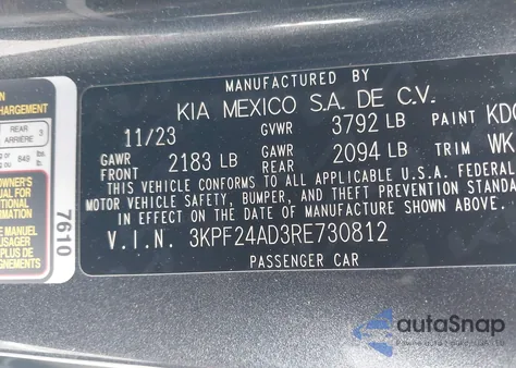 2024 Kia Forte Lxs z USA, uszkodzony, nr VIN 3KPF24AD3RE730812